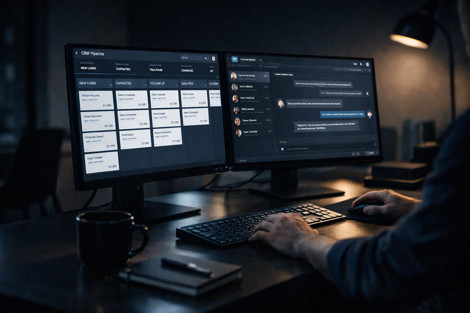 Sales development rep workspace with CRM pipeline data and qualified meeting metrics