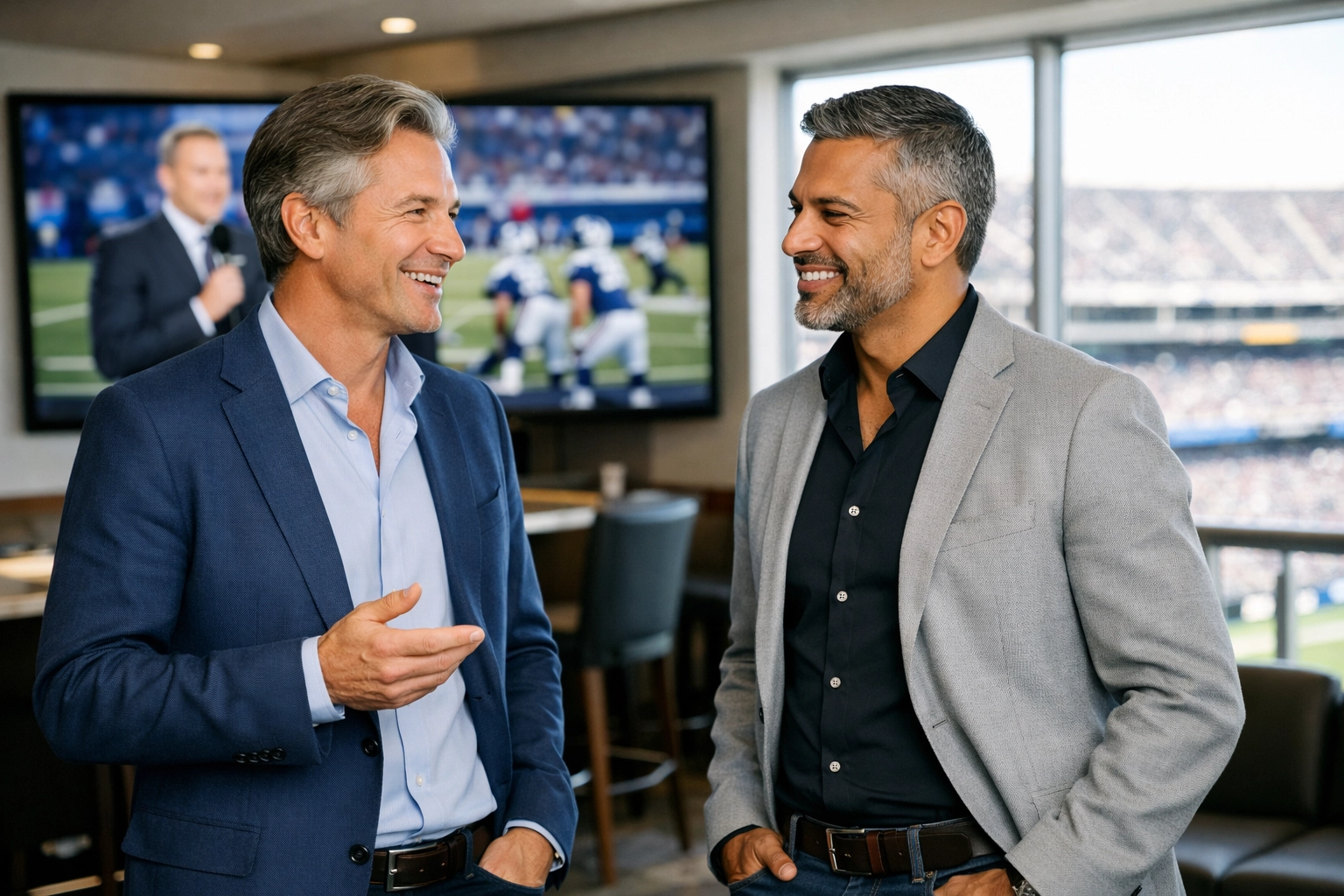 Business executives networking in a modern stadium lounge during a corporate event.