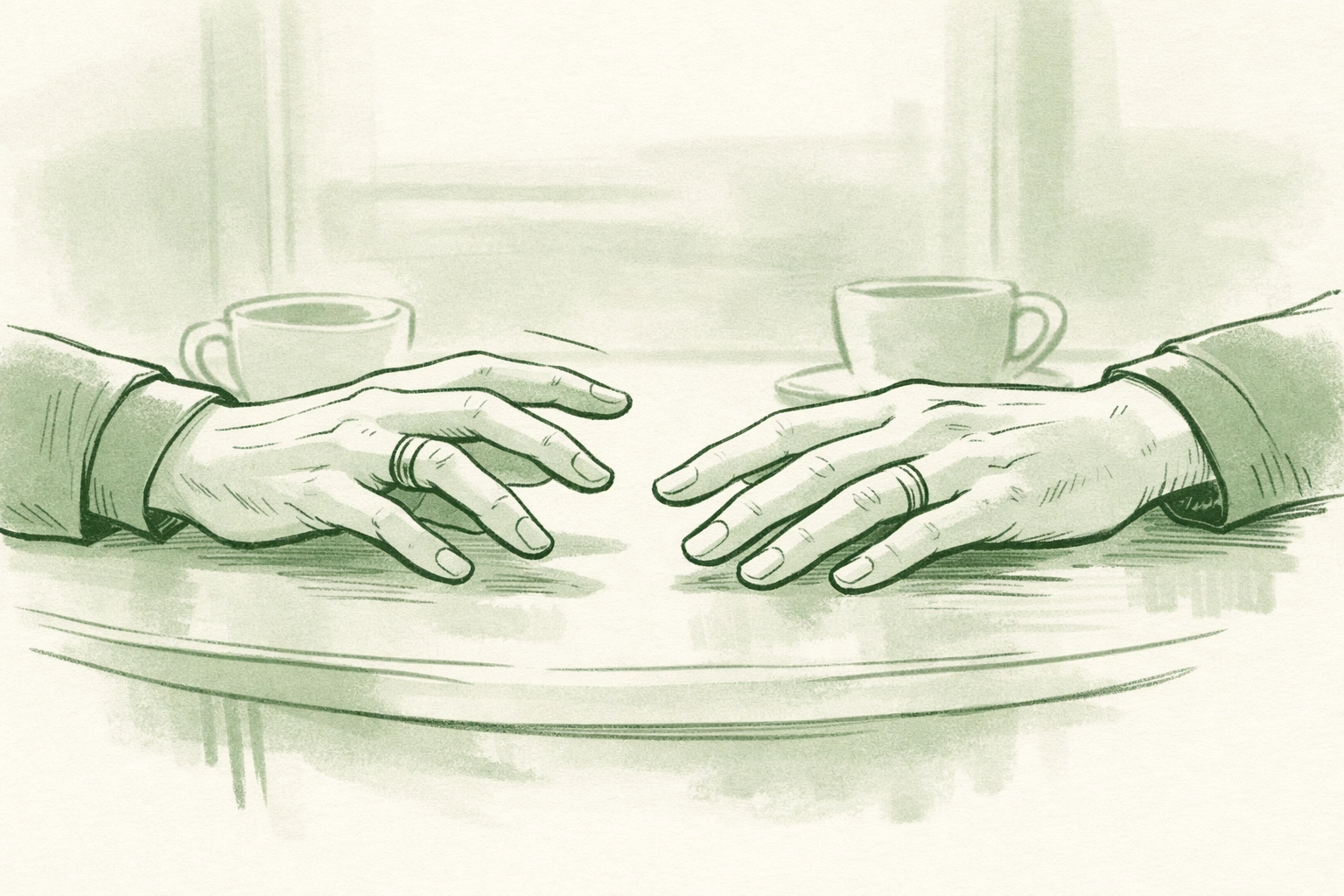 Two men's hands reaching across table symbolizing first MM relationship connection