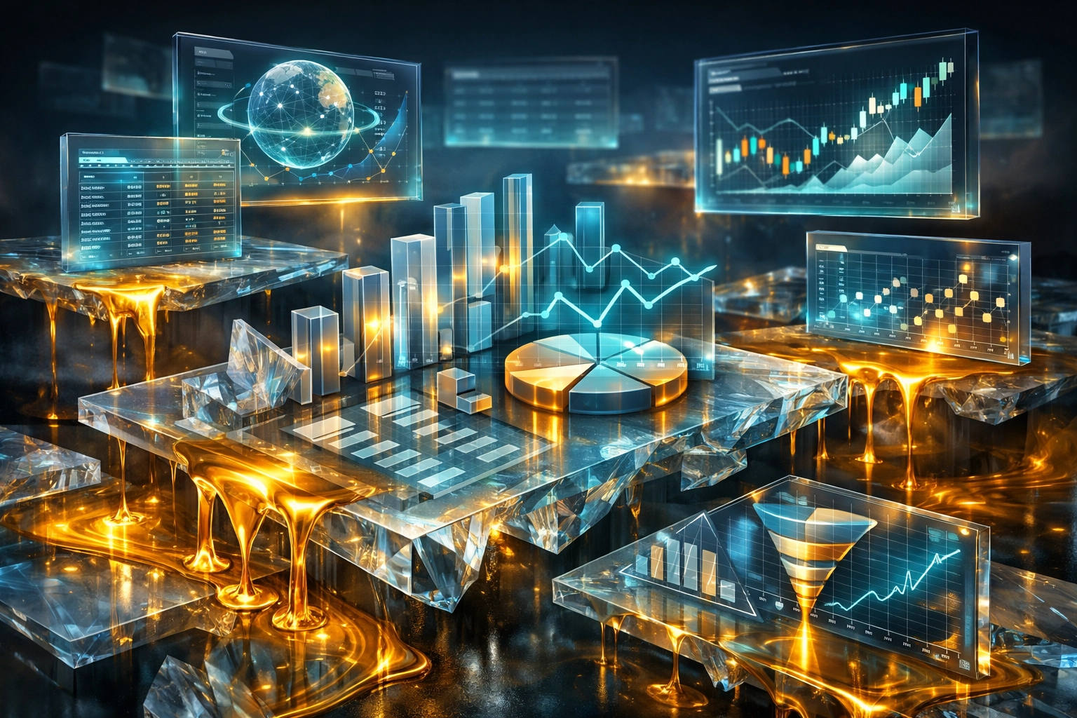 Hovering neon financial layers and crystalline dashboards over liquid gold, representing strategic fundraising guidance beyond generic templates.