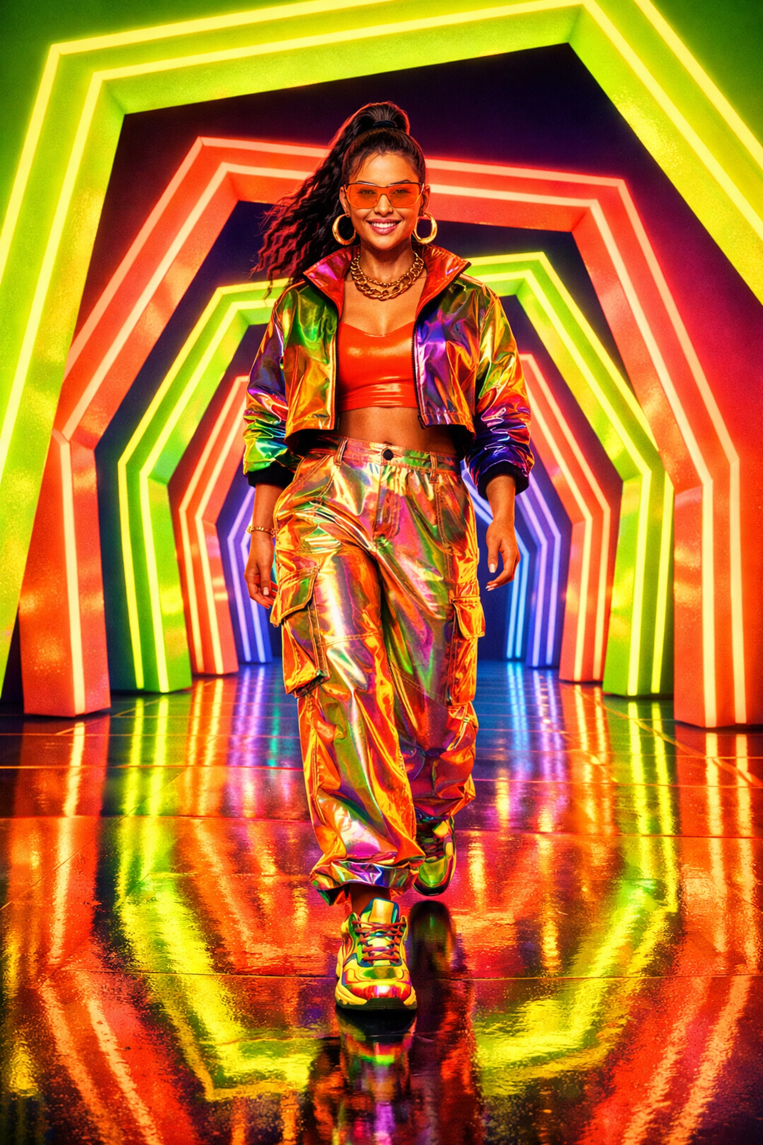 A confident person walking through a neon corridor, representing empowerment and setting healthy dating boundaries.