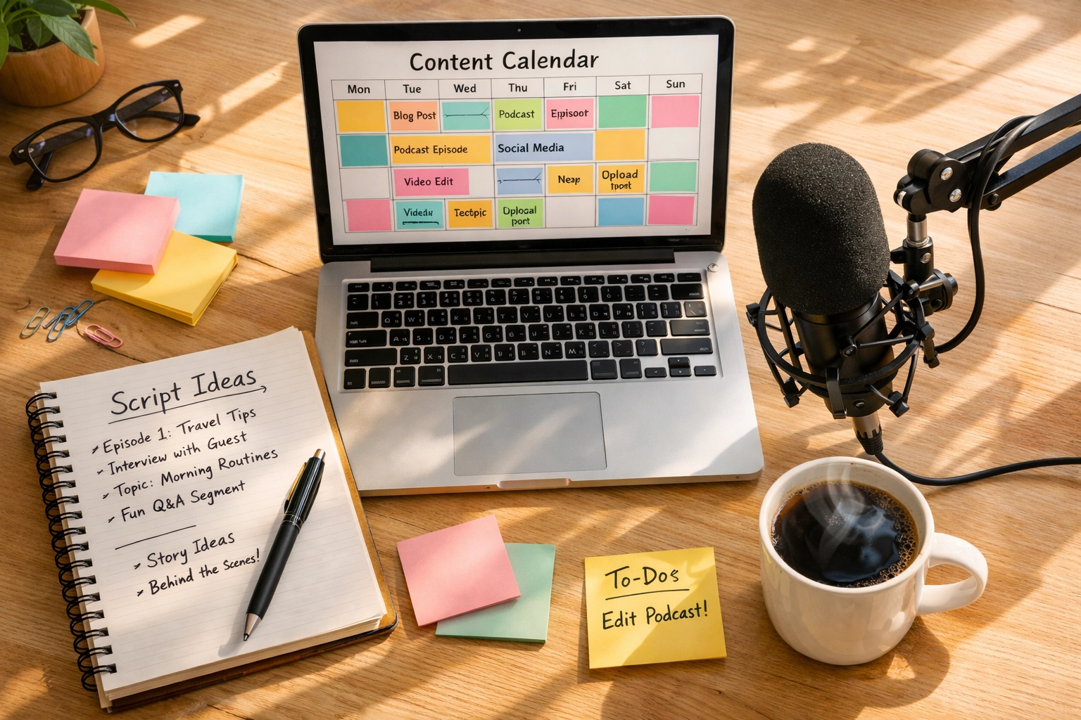 Virtual assistant workspace with laptop, podcast microphone, and content planning materials