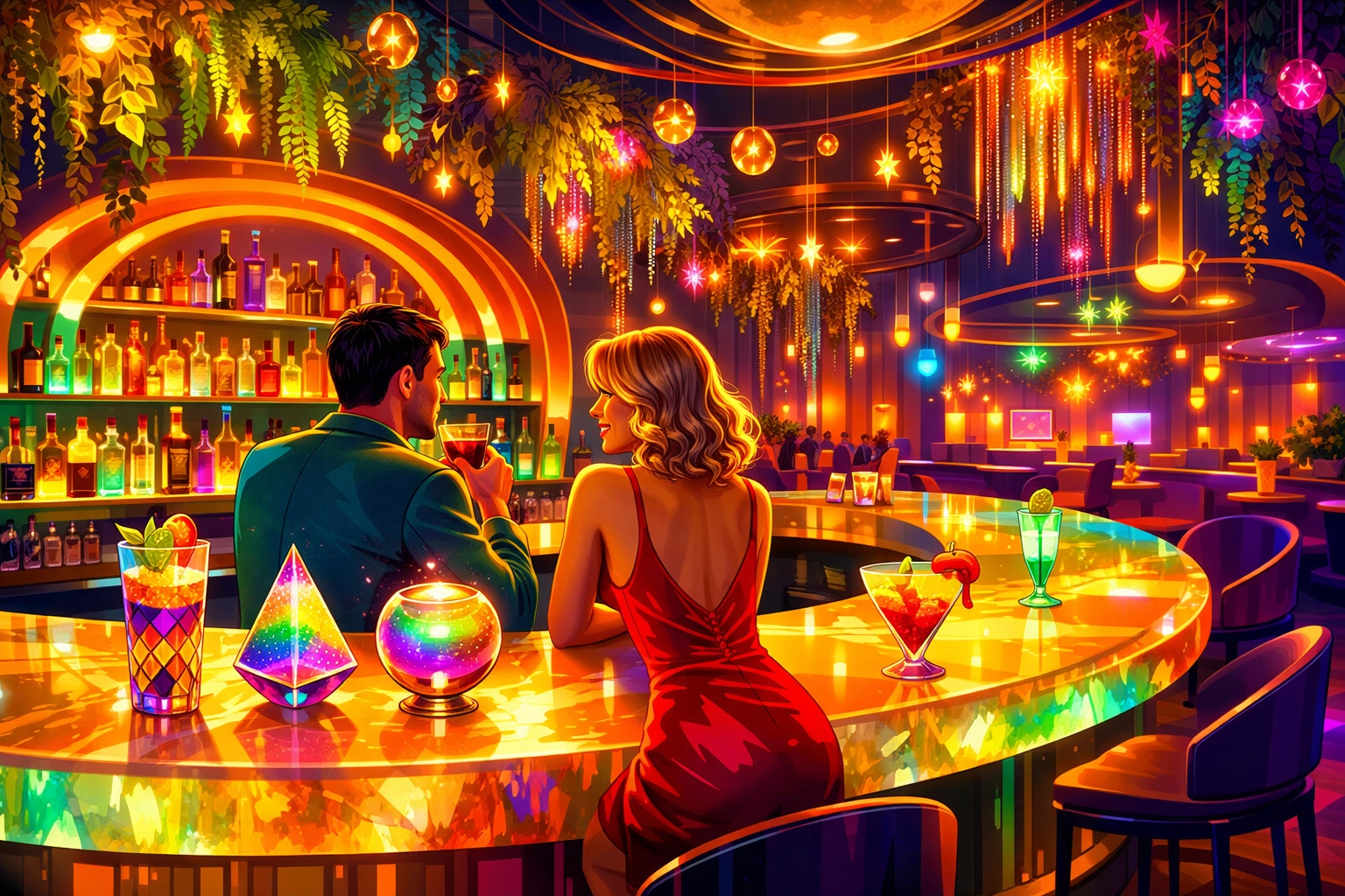 A couple talking over cocktails at a vibrant neon bar to establish comfort and consent.