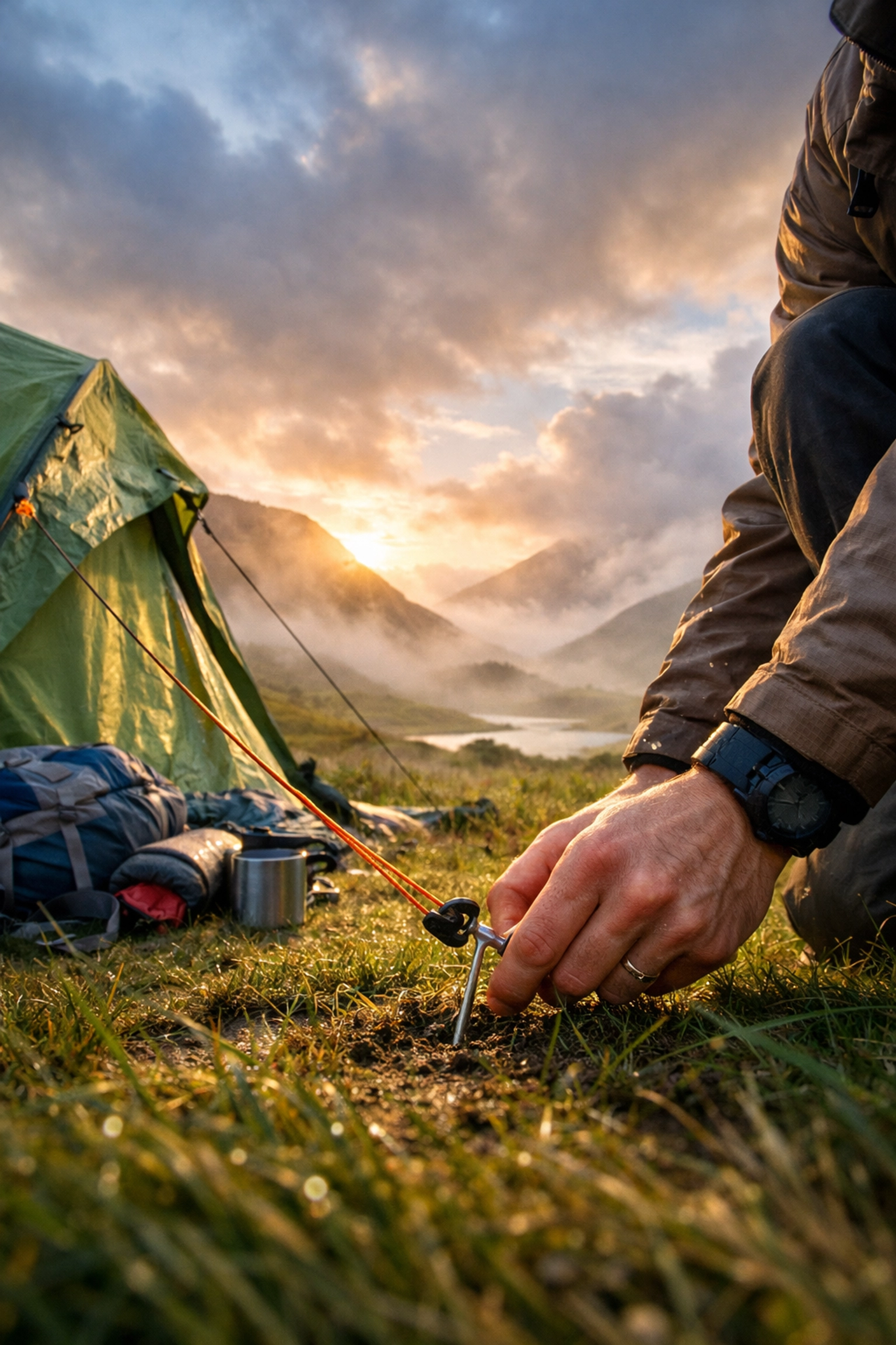 Hiker securing tent stakes during wild camping setup in misty Scottish highlands at dawn