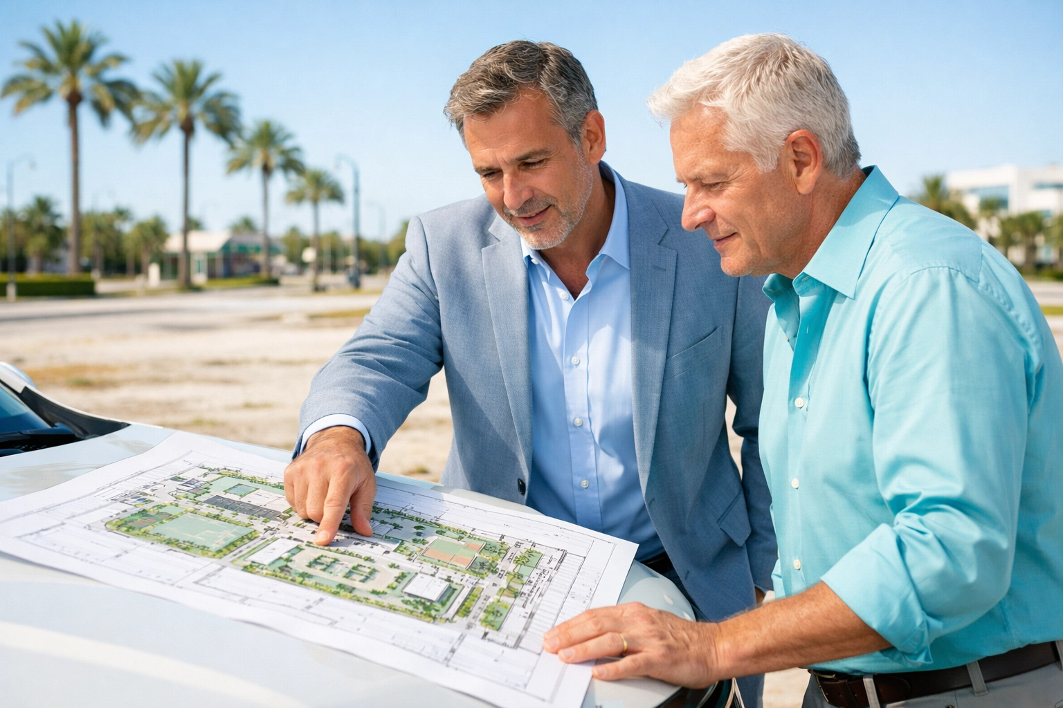 South Florida construction company expert reviewing commercial site plans during site selection.