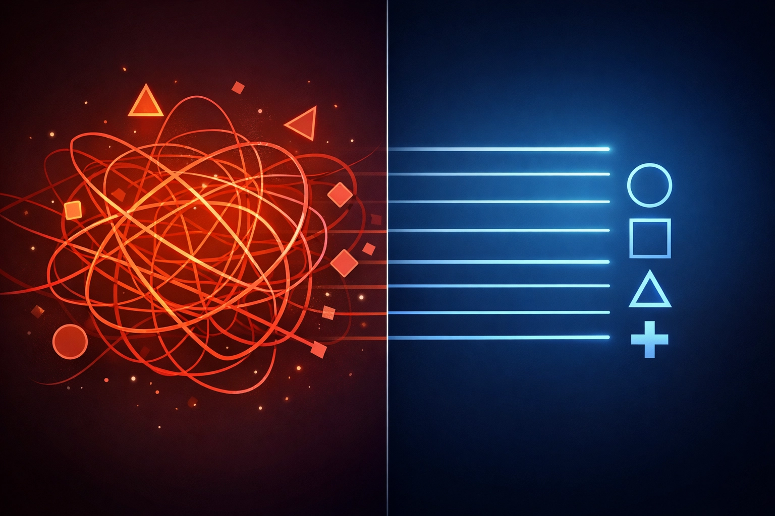 Visual comparison of complex versus simple automation tools for business founders