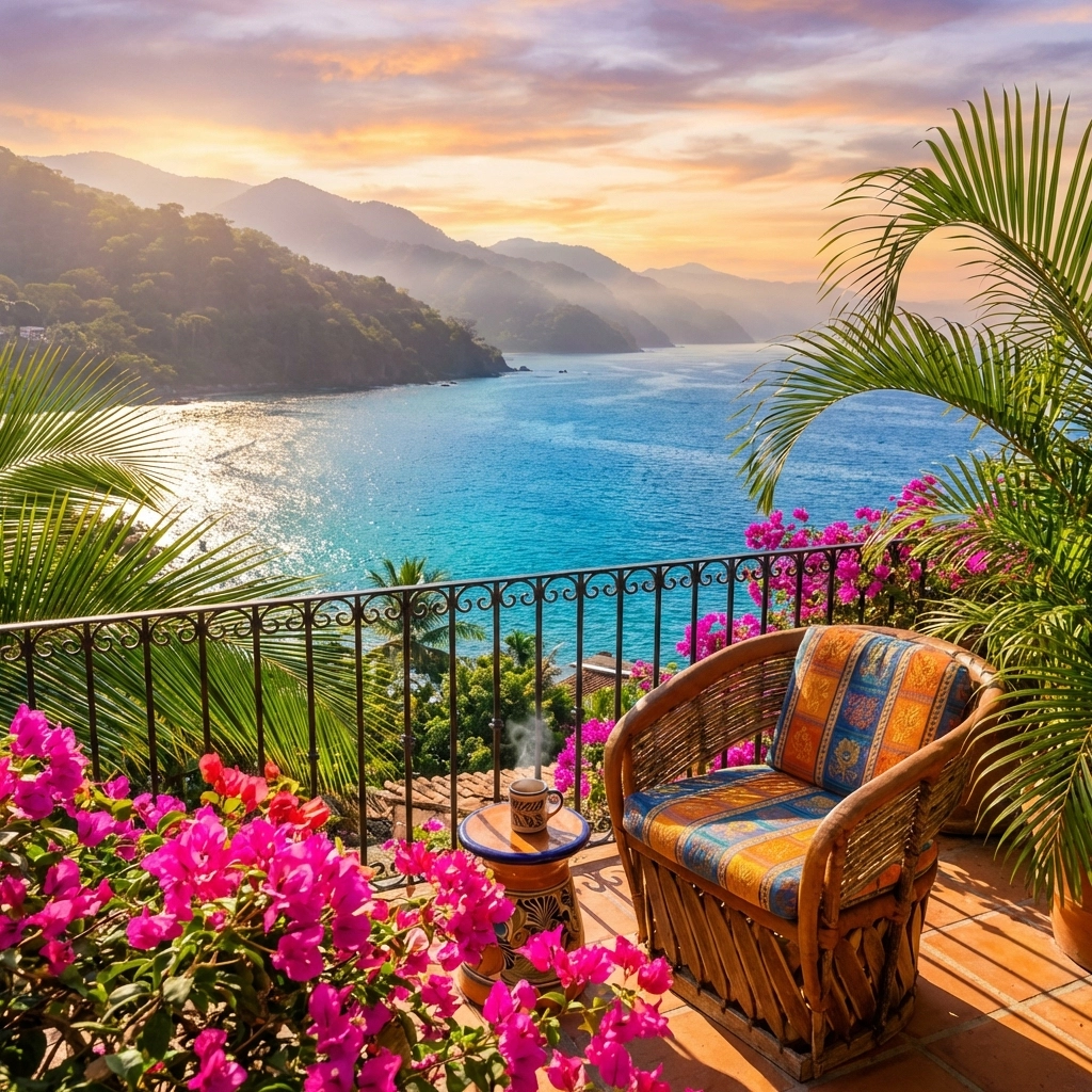 Panoramic sunrise view from an Amapas hillside balcony, overlooking Banderas Bay and lush tropical foliage in Puerto Vallarta.