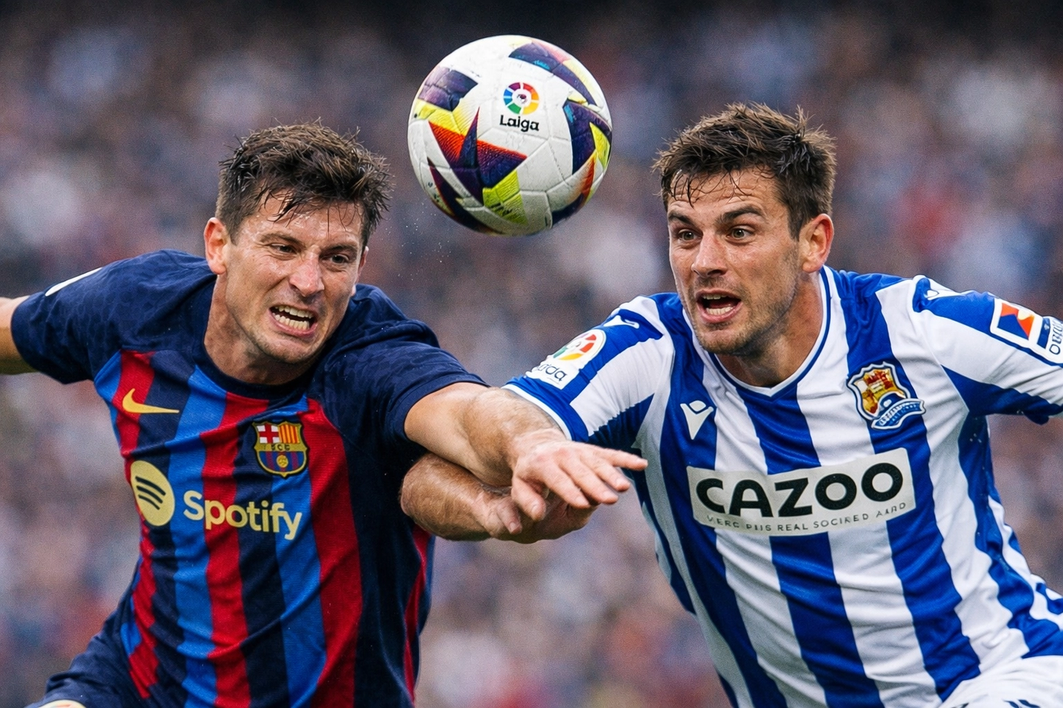 Barcelona and Real Sociedad players battling for ball in La Liga match
