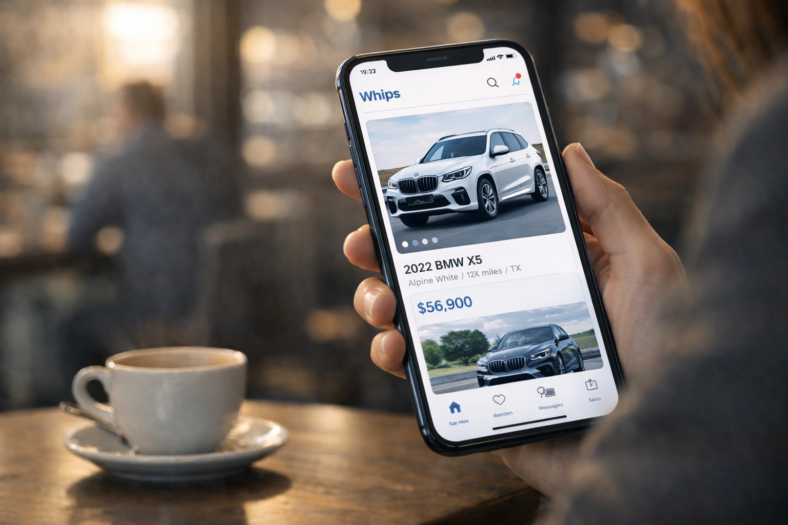 Woman excited using Whips car shopping app on phone at coffee shop