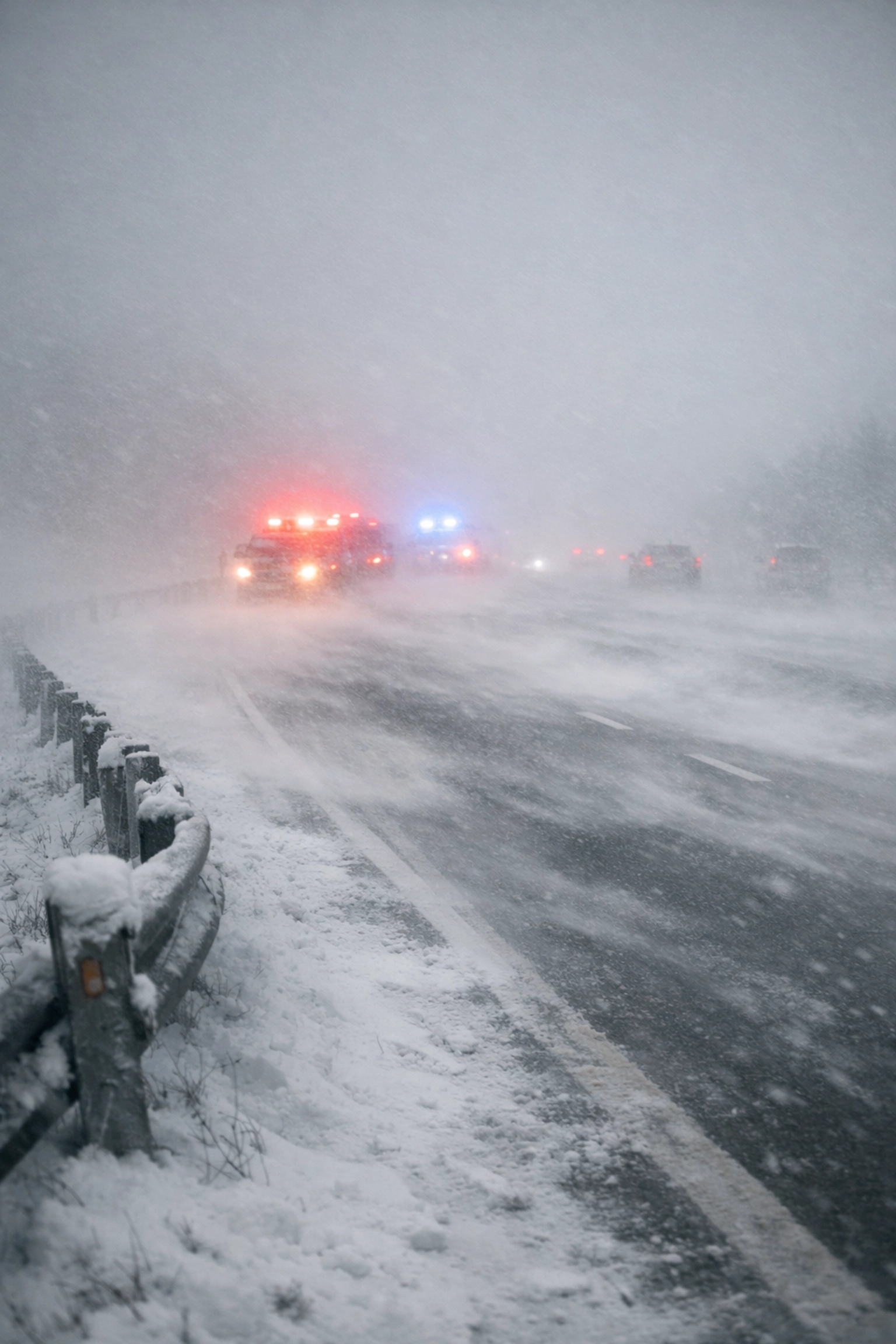 Colorado highway during severe winter storm with emergency lights and poor visibility