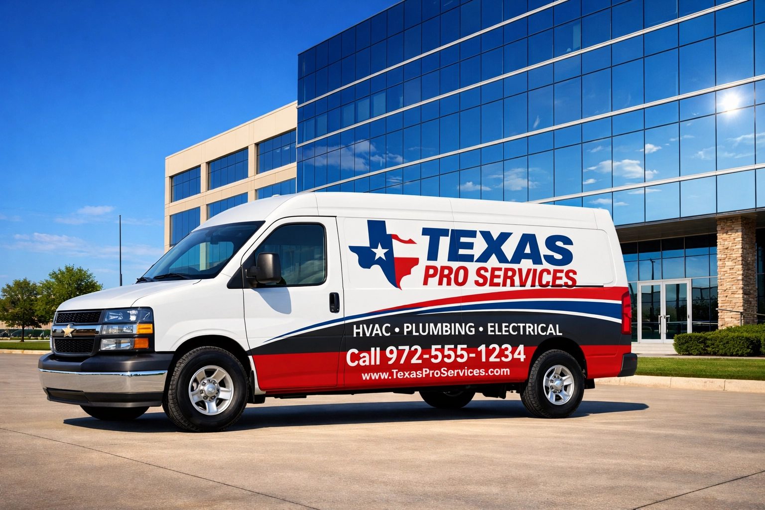 A professional service van with custom vehicle decals parked in front of a modern North Texas office.
