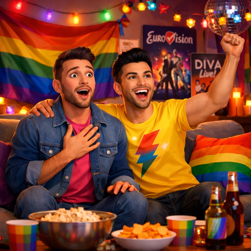 Two gay men celebrating at Eurovision watch party with rainbow flags and decorations