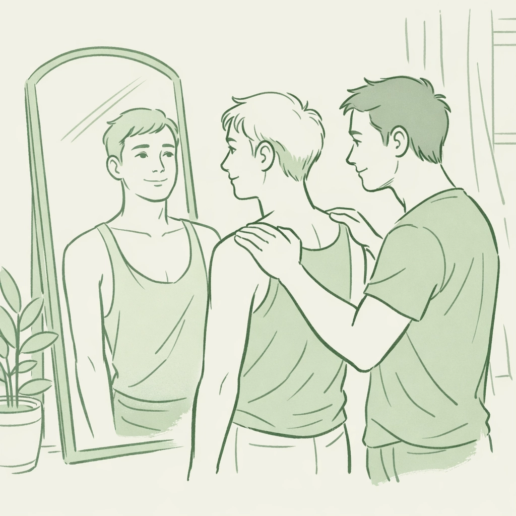 A man supports his non-binary partner’s self-discovery in front of a mirror, reflecting identity beyond the binary.