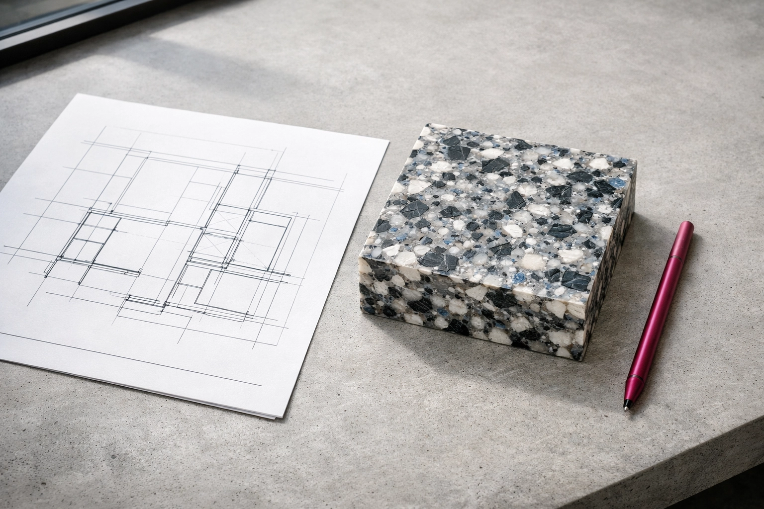 Architectural workspace with a recycled plastic sample highlighting circular design and strategic procurement.