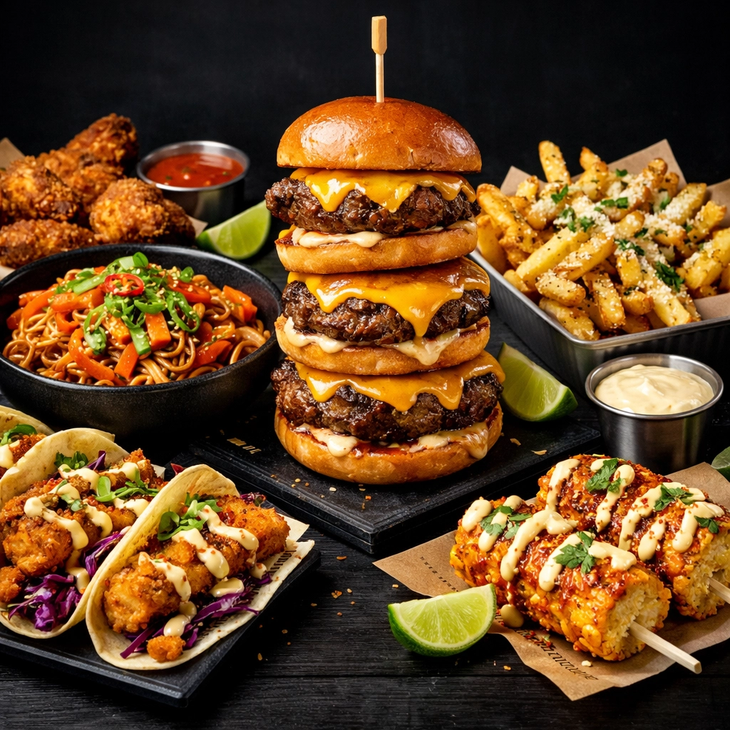 A diverse spread of sliders and Asian noodles showing competitive food trucks near me prices.