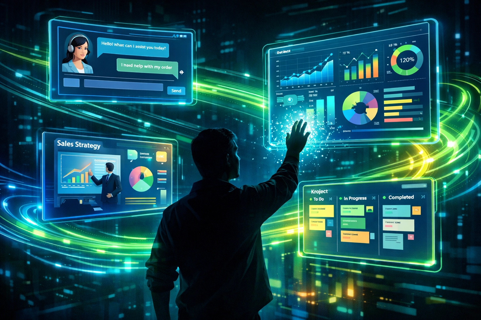 Interactive workplace simulations showing real-world career scenarios and AI-powered training modules