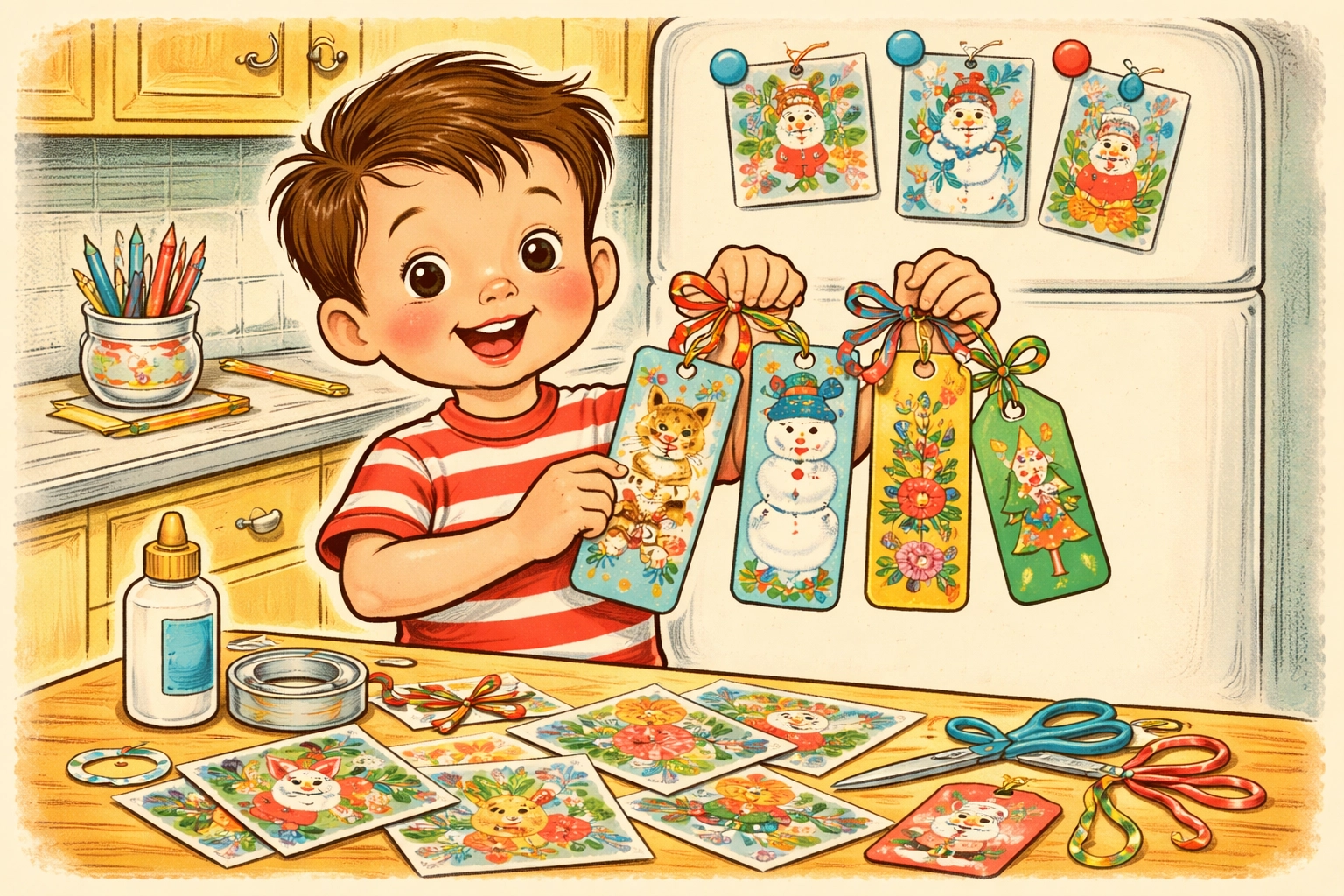 A child proudly displays colorful bookmarks and gift tags crafted from old holiday cards on the fridge