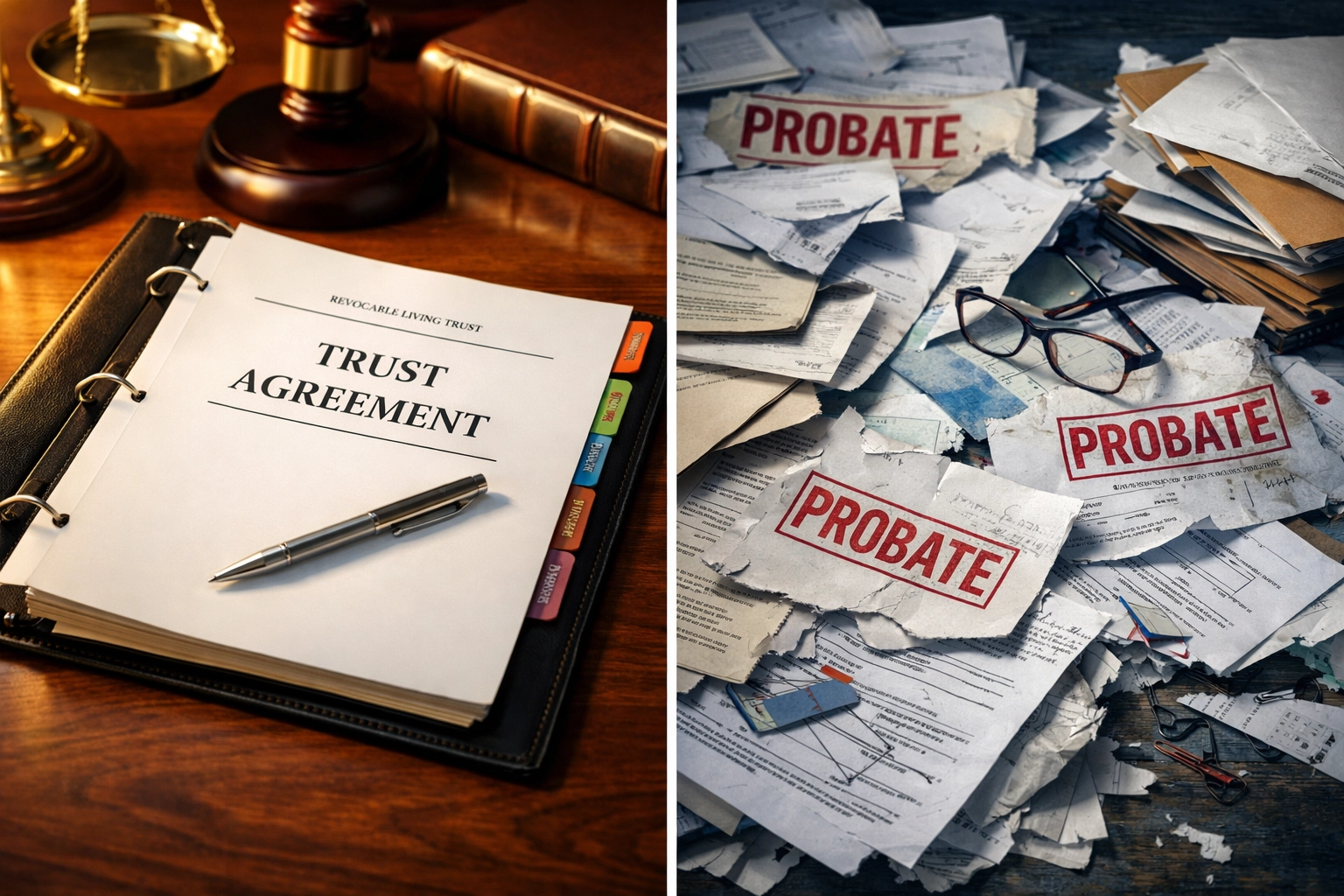 Professional living trust documents versus disorganized probate paperwork comparison