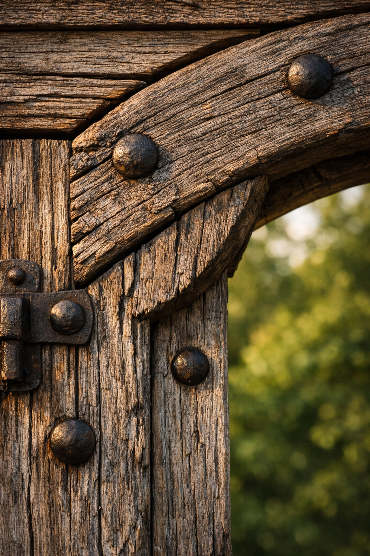 Authentic weathered wood texture of a 100-year-old barn door arch for rustic wedding ceremony rentals.