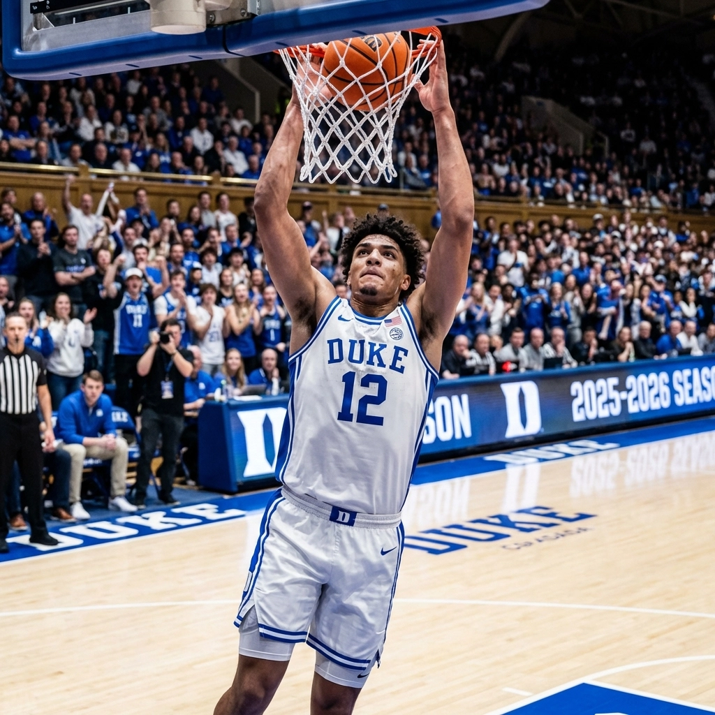 Duke Blue Devils forward Cameron Boozer performs a power dunk during the 2026 ACC basketball season.