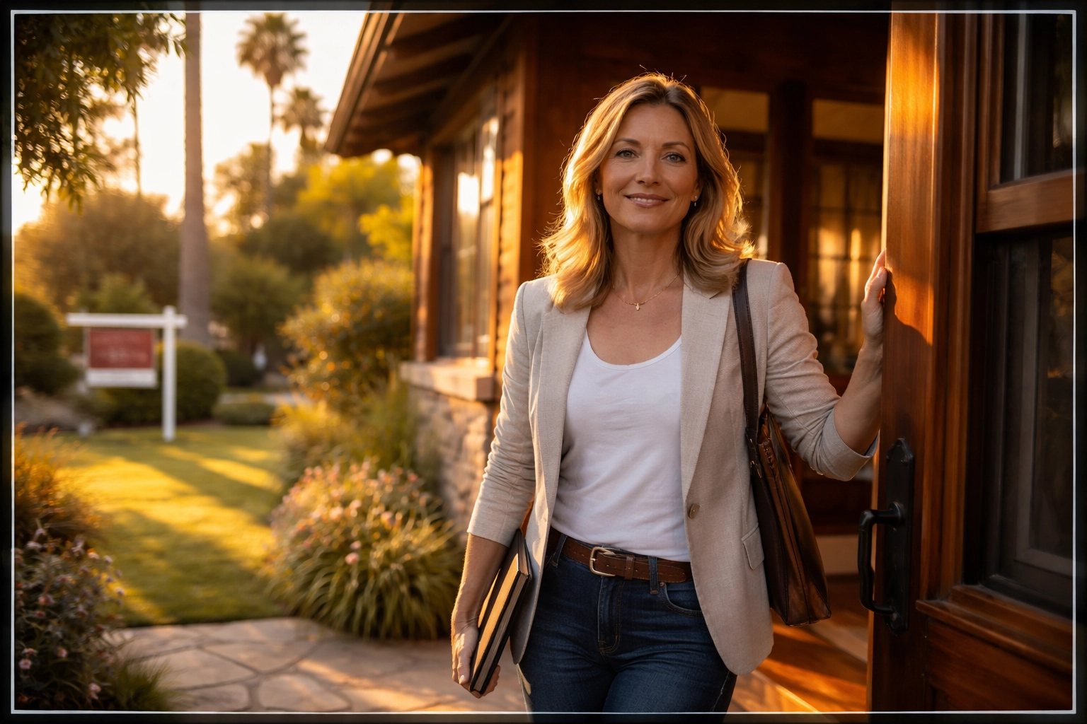 A confident successor trustee stands in front of a Studio City home with a For Sale sign, ready for a trust property sale. A confident successor trustee stands in front of a Studio City home with a For Sale sign, ready for a trust property sale.