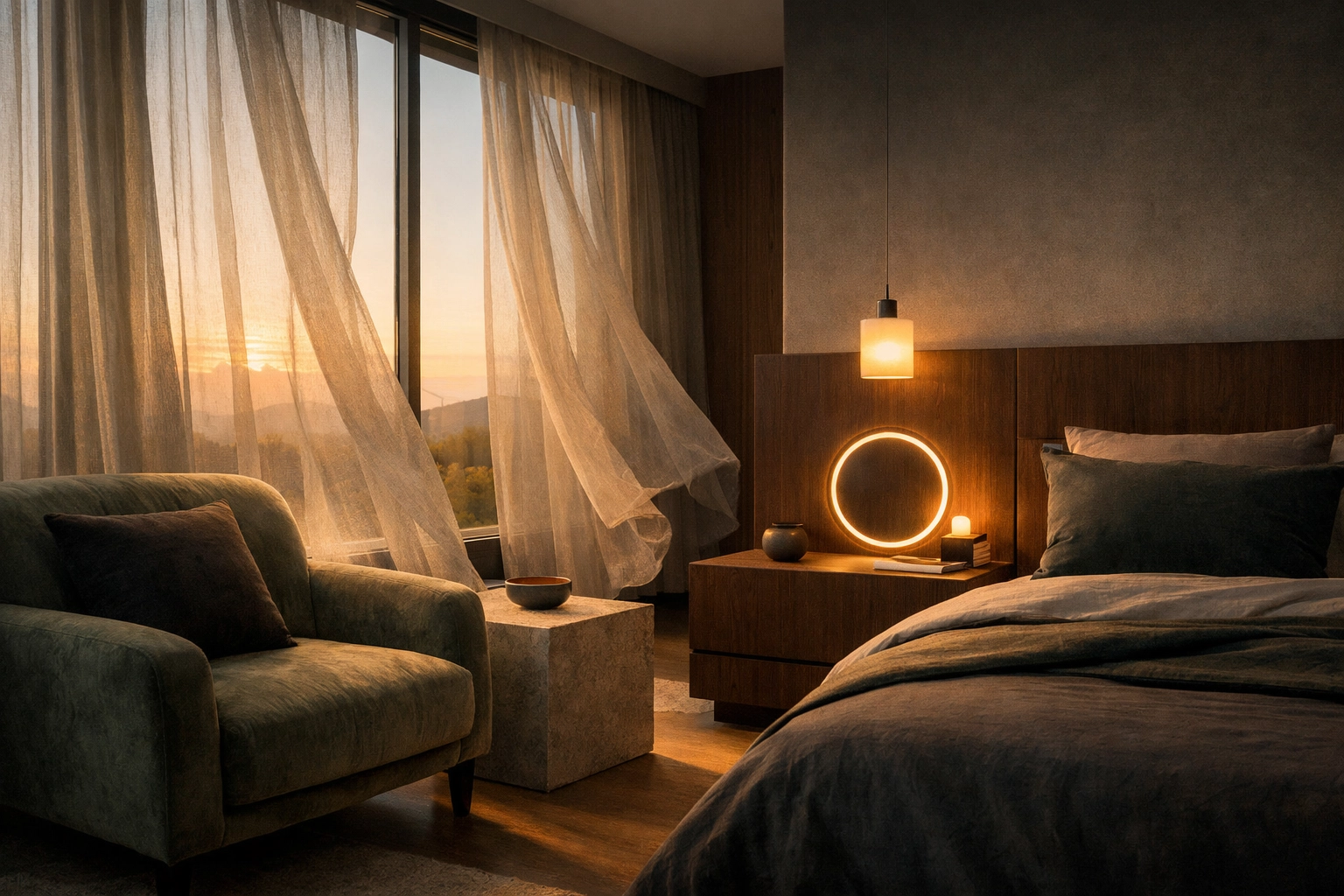 Modern boutique hotel suite with integrated smart room controls and elegant, minimalist interior design.