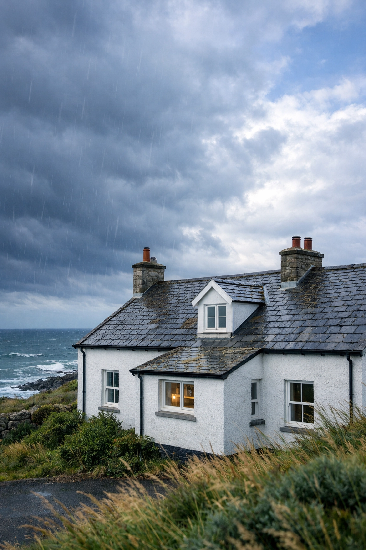 Coleraine coastal home with slate roof facing Atlantic storm clouds