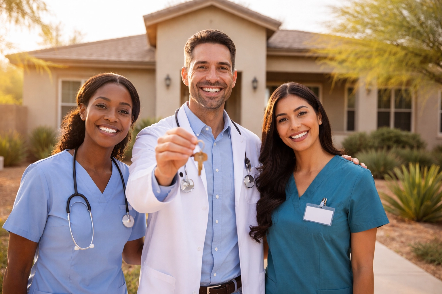 Happy healthcare professionals stand outside an Arizona home, celebrating homeownership through Rewarding Heroes program