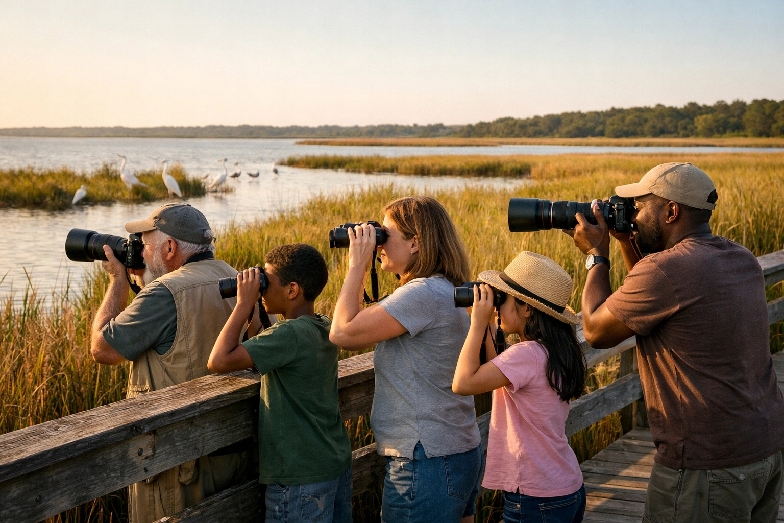 Family observing wildlife from a distance with binoculars, demonstrating ethical wildlife viewing practices.