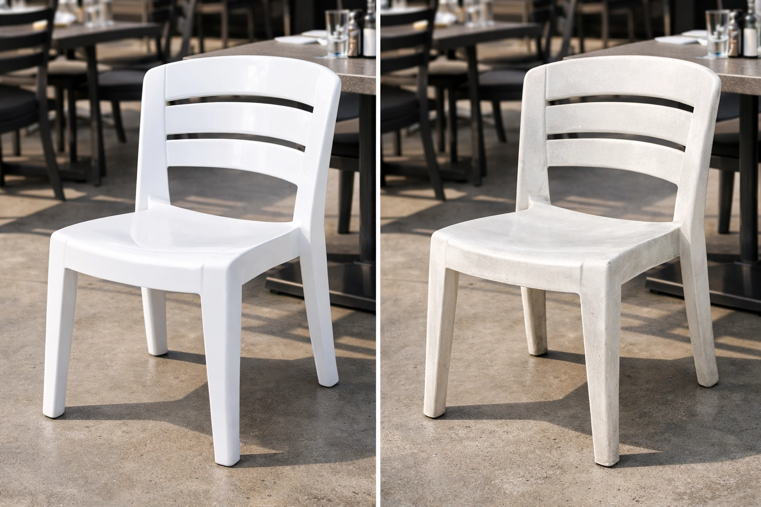Resin chair vs plastic chair comparison on restaurant patio showing durability difference