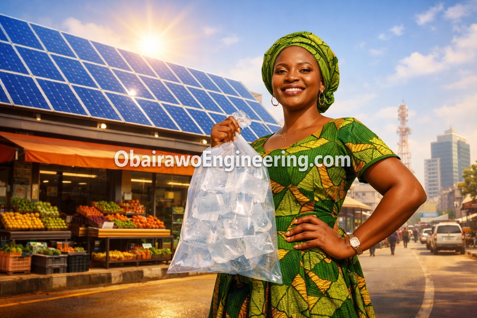 Entrepreneur standing in front of a solar-powered store with ice blocks from a sustainable energy freezer.