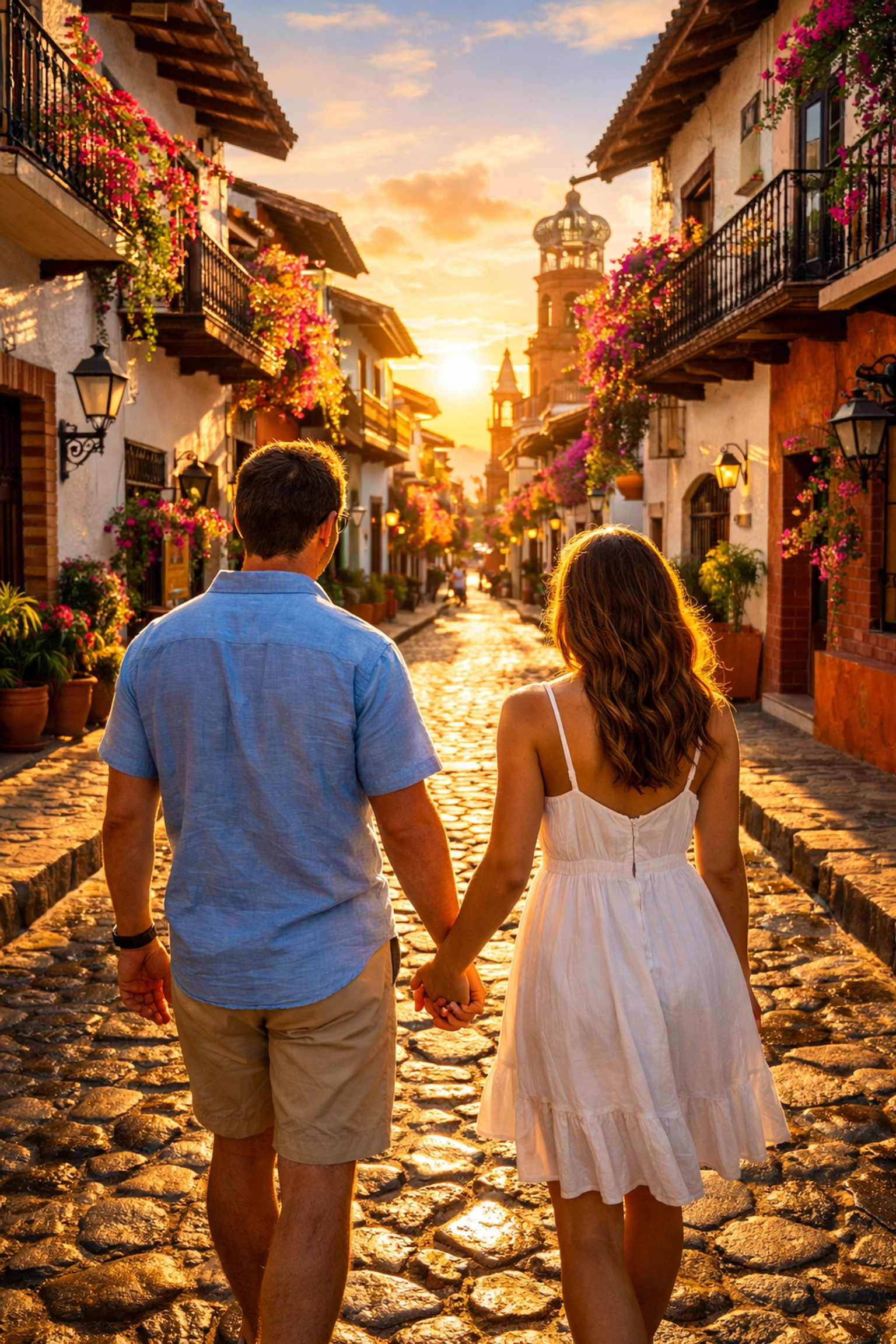 Couple walking hand-in-hand on cobblestone street in Puerto Vallarta Old Town at sunset
