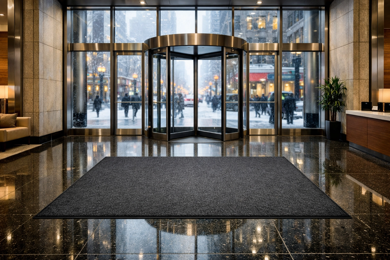 Clean Chicago office lobby with winter floor mats protecting granite floors from salt and slush.