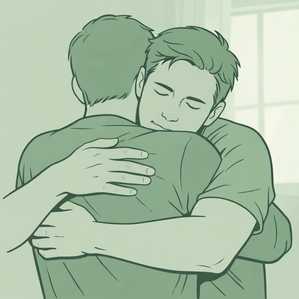 Two men embracing showing strength through vulnerability in LGBTQ+ fiction