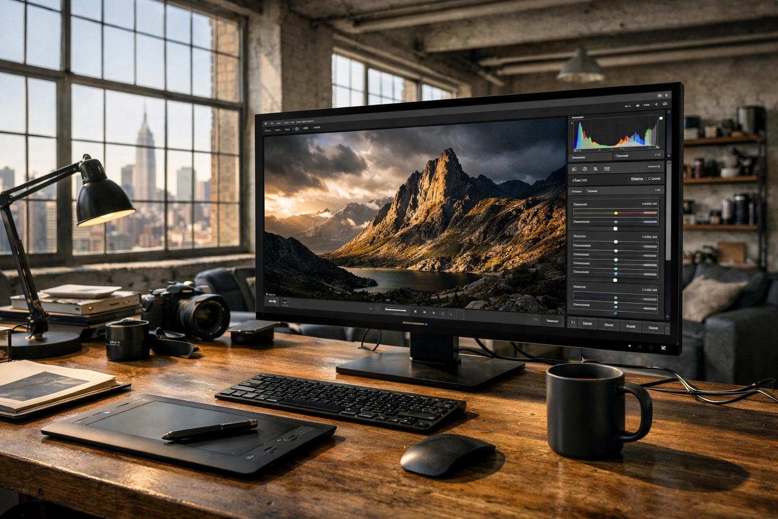 Photo editing workflow in a New York City studio using Luminar Neo as a plugin within Adobe Lightroom.