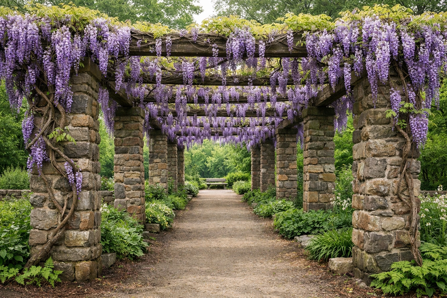 Wisteria-covered stone pergola at Cross Estate Gardens, NJ, showcasing one of the best photography locations.
