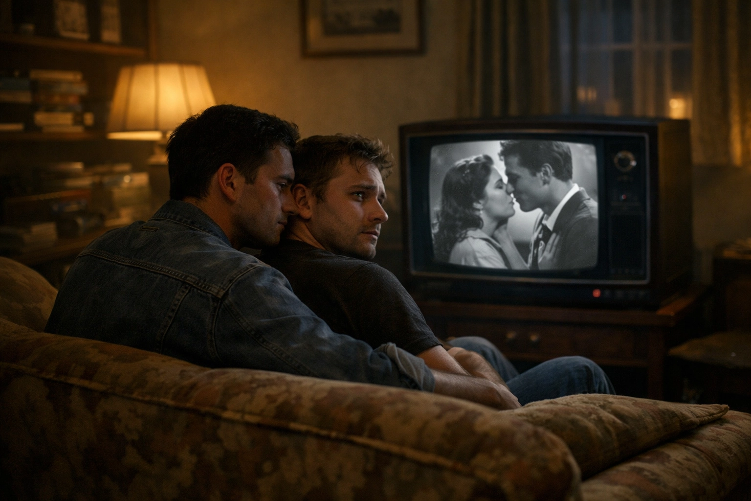 Two men watching vintage TV showing tragic queer storyline from past era of LGBTQ+ media representation