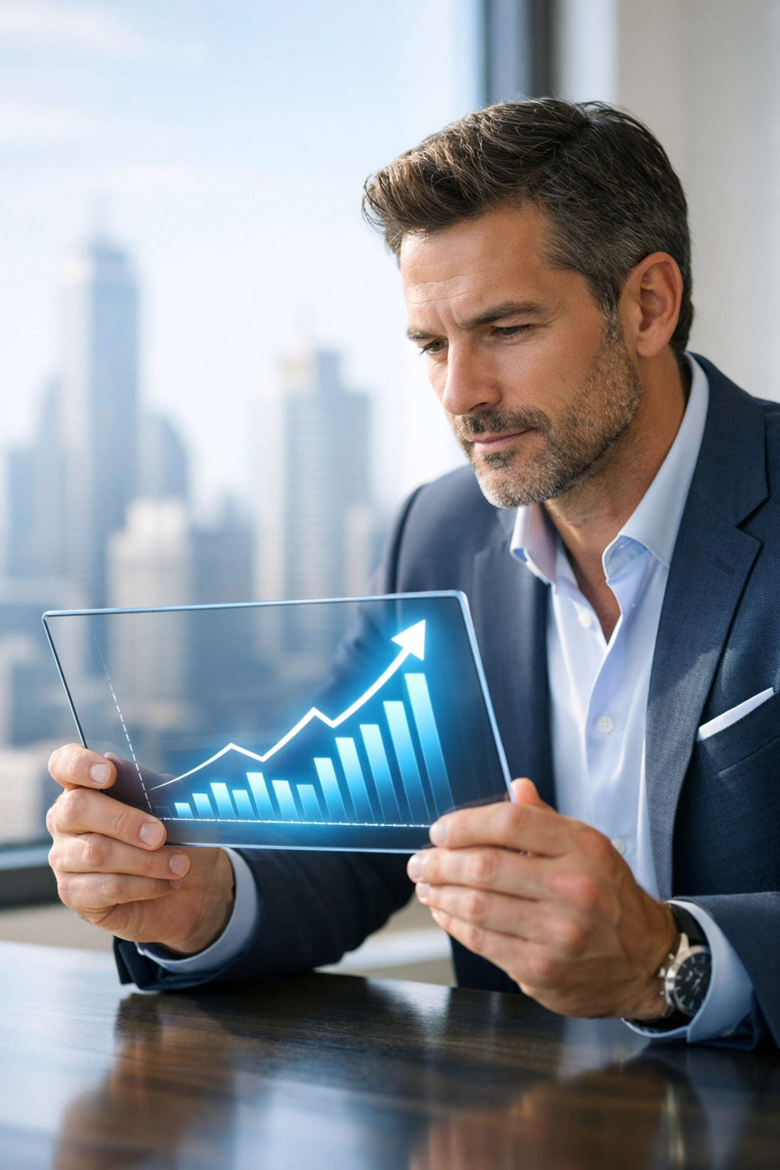 Focused CEO reviewing a growth chart on a tablet, highlighting the ROI of strategic marketing automation.