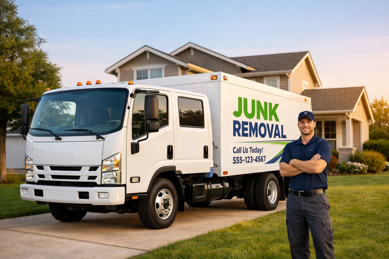 Professional junk removal truck and crew member at residential job site