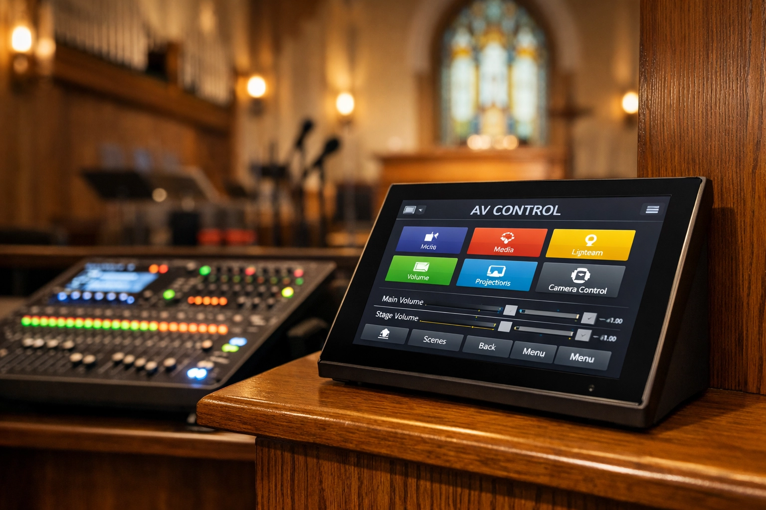 Modern touchscreen AV control panel with digital mixing console in sanctuary setting