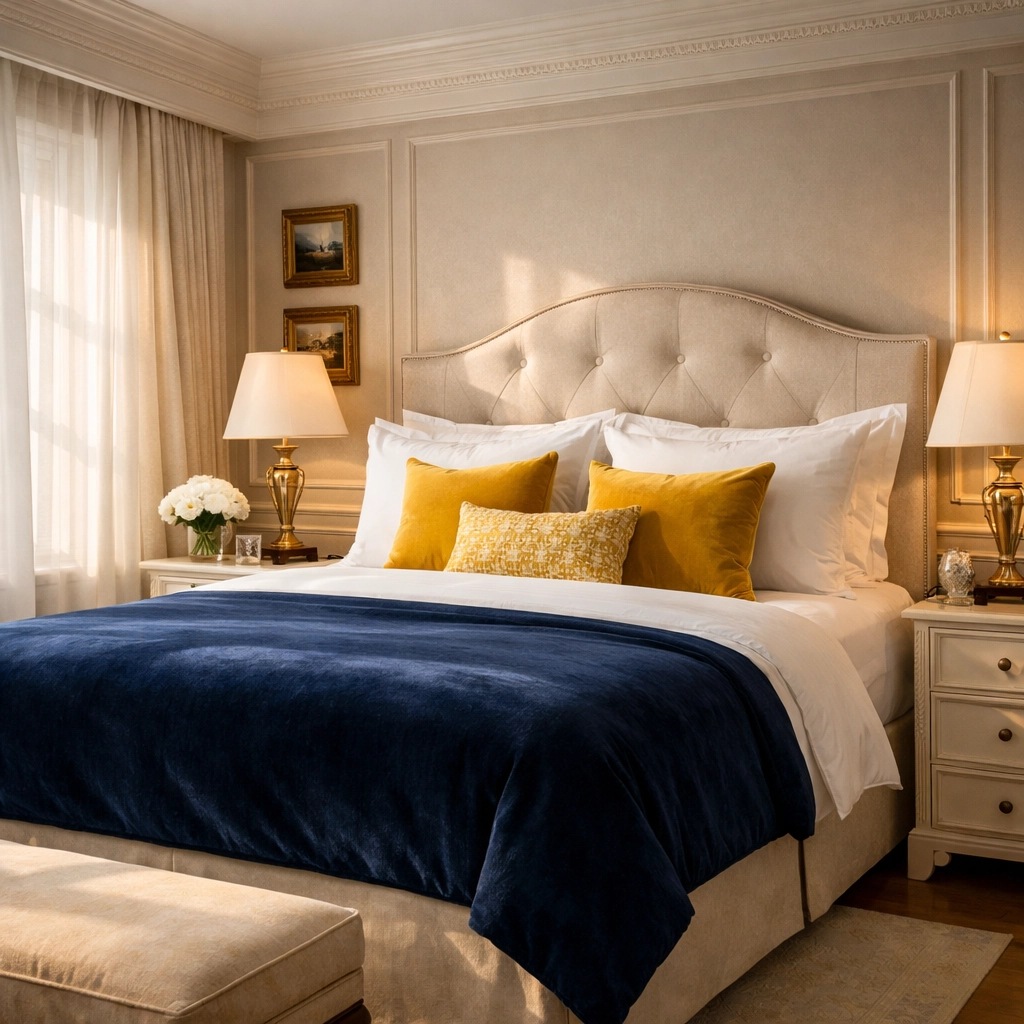 Meticulously cleaned luxury bedroom with crisp white linens from House Cleaning Shirley MA.