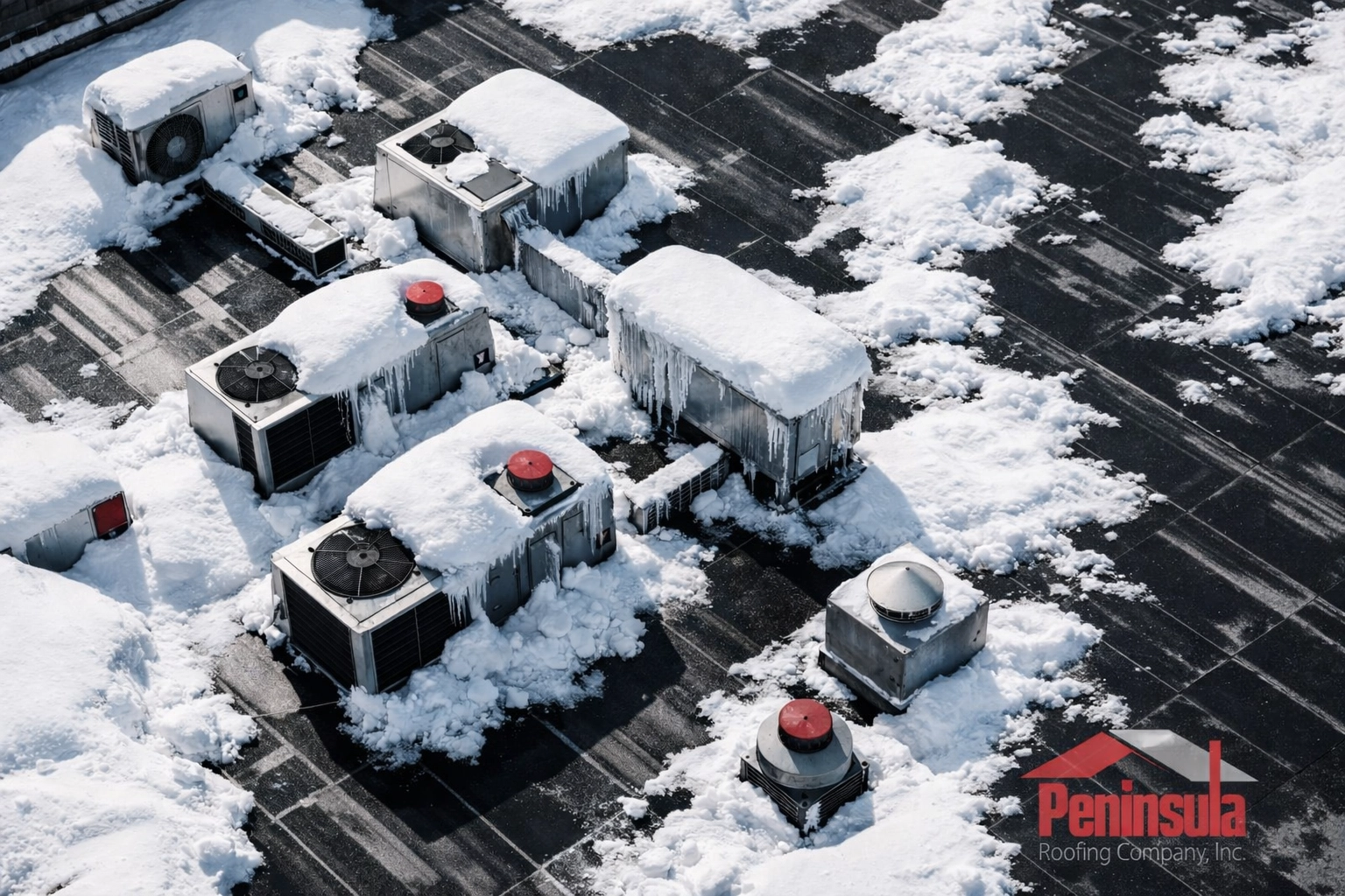 Commercial roof with HVAC units buried in heavy snow in Salisbury MD