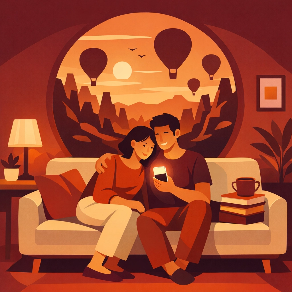 Couple using an AI photoshoot generator to create a dream Kashmir pre-wedding shoot from their couch.