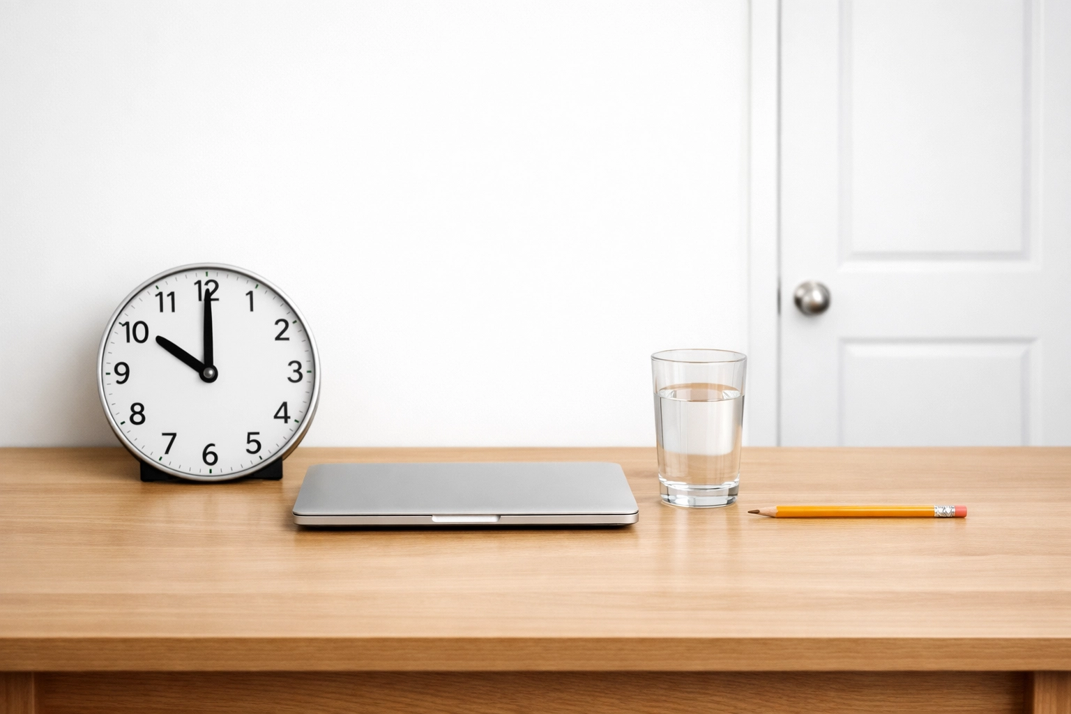 Quiet CLEP exam study space with laptop, clock, and minimal distractions for focused test prep