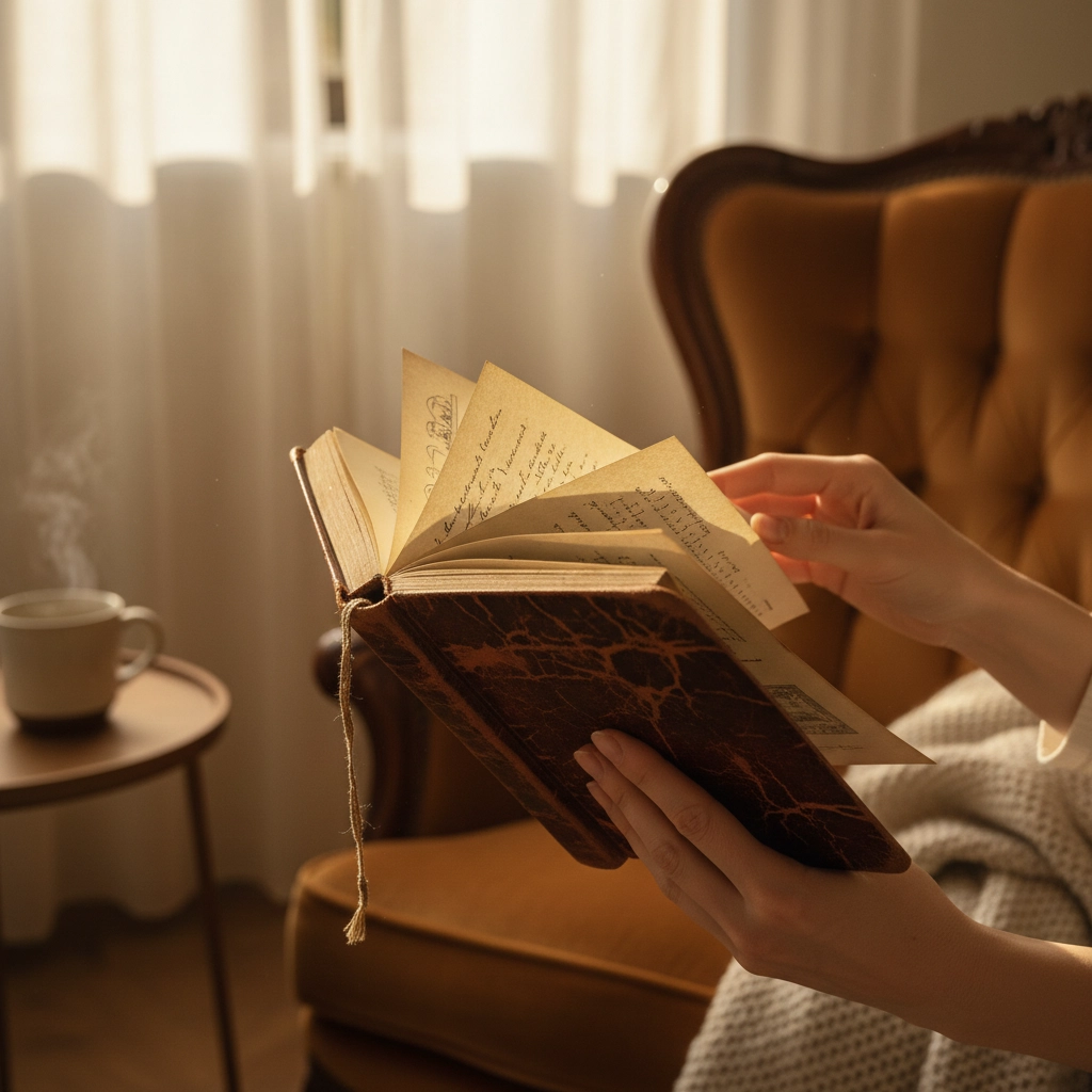 Close-up of a person flipping through pages of an old leather-bound journal in warm morning light, symbolizing reflection, storytelling, and the intimate process of writing a memoir or legacy book.