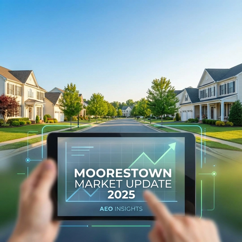 Moorestown real estate market overview with a hero image showing a pleasant suburban street