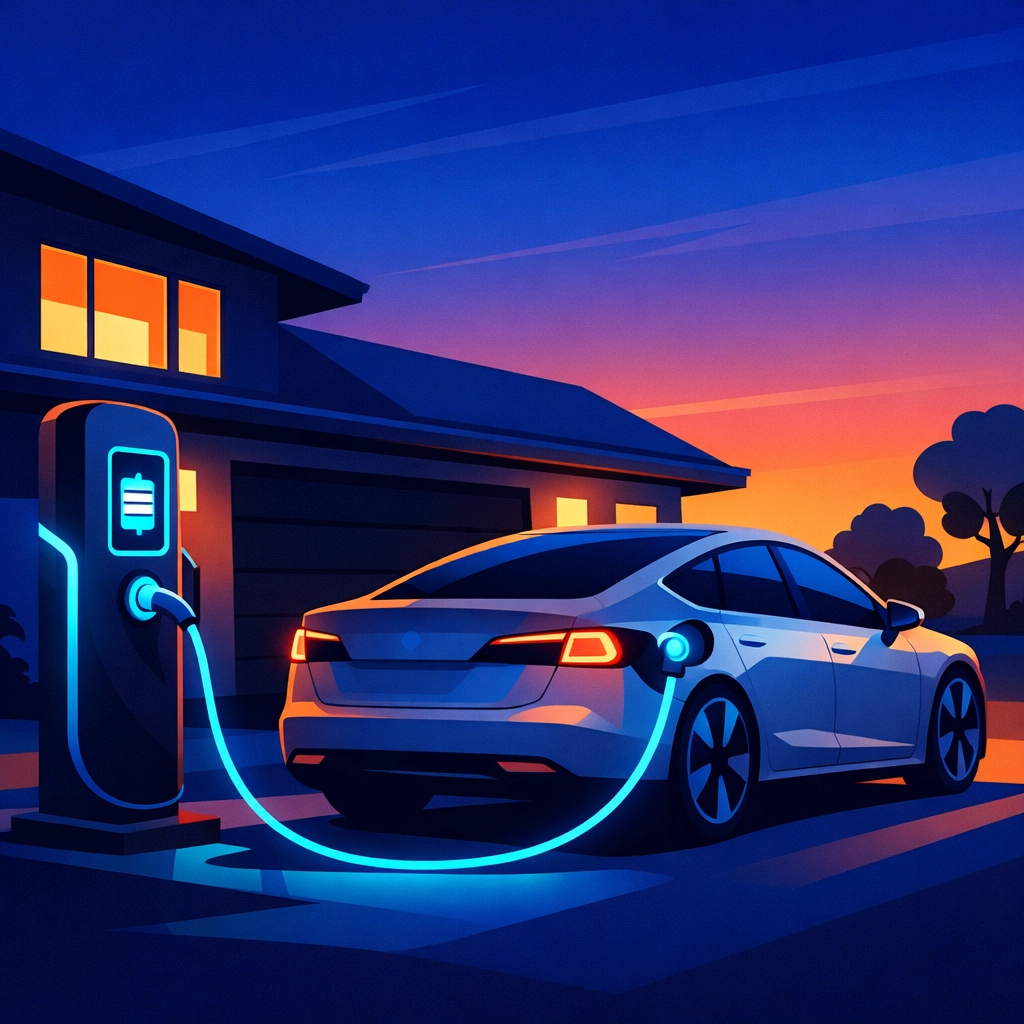 Electric vehicle charging station installed at residential home driveway at dusk