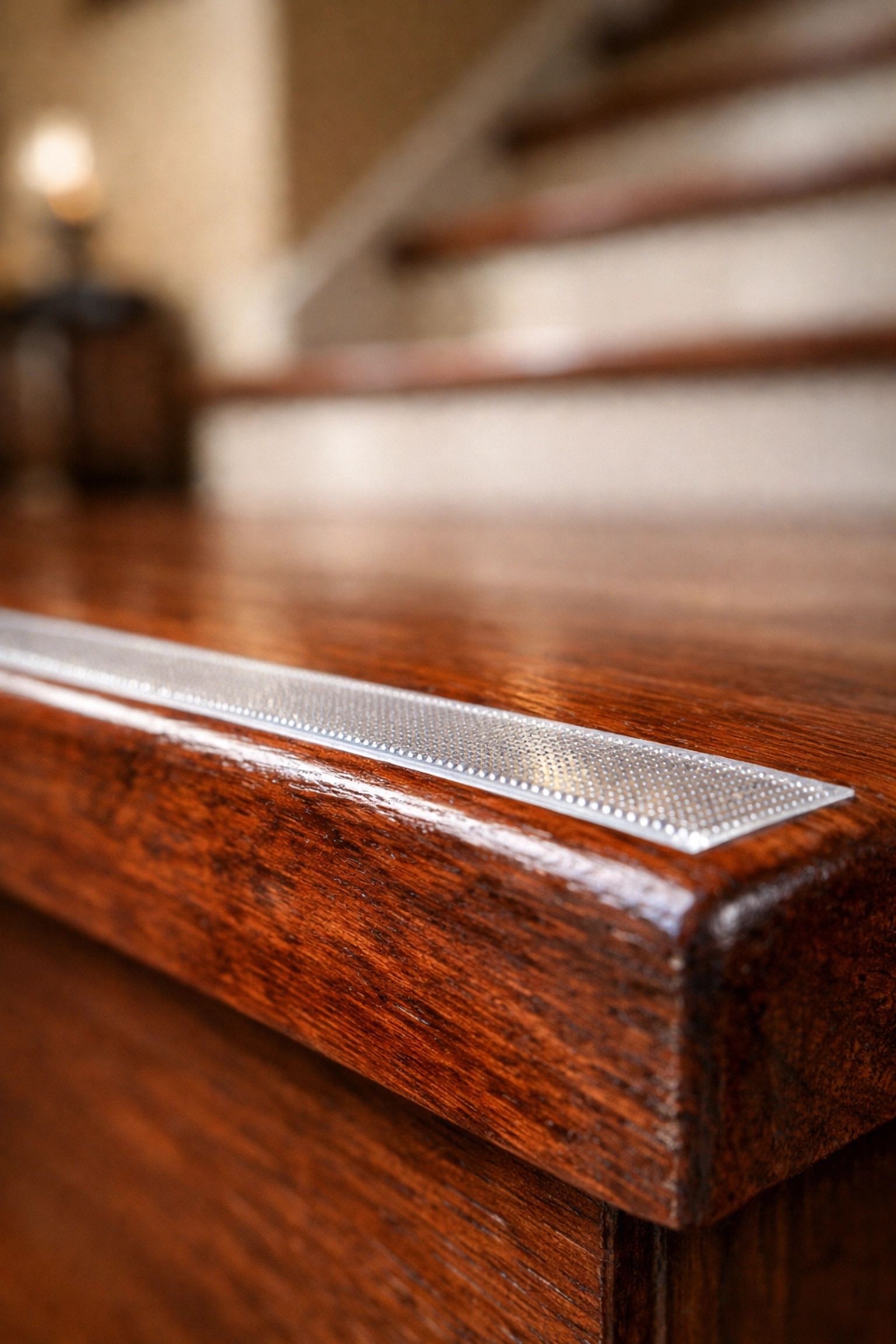 Close-up of a clear anti-slip grip strip on a wooden stair tread to improve traction and prevent falls.