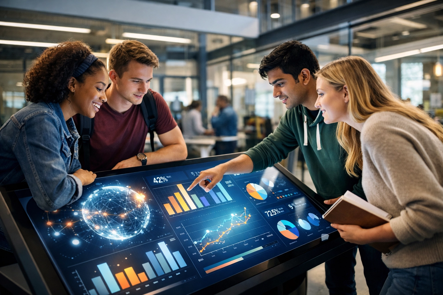 College students analyzing data visualizations on interactive display in university innovation lab