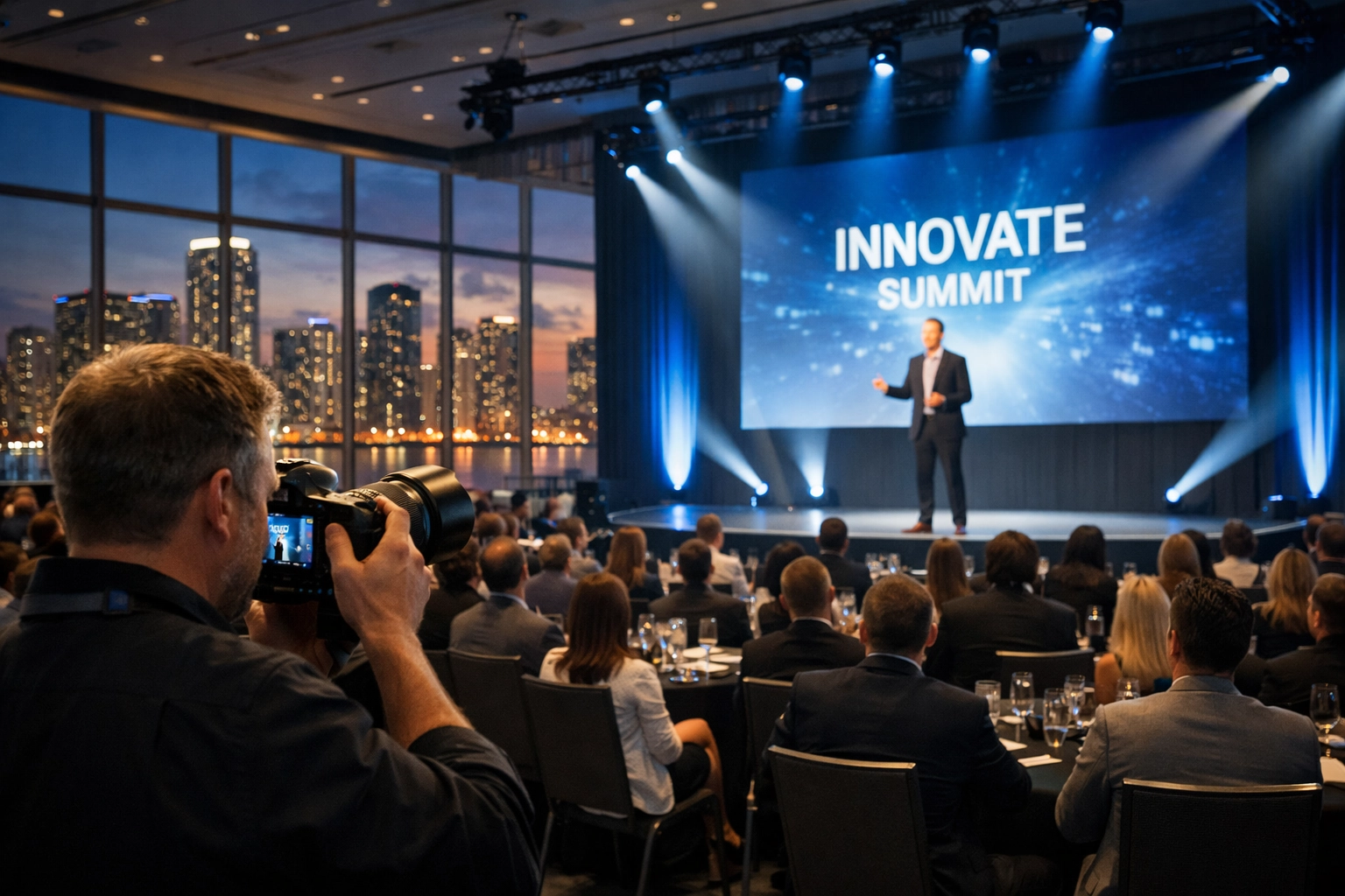 Professional Miami event photographer capturing a keynote speaker at a corporate summit in Brickell.
